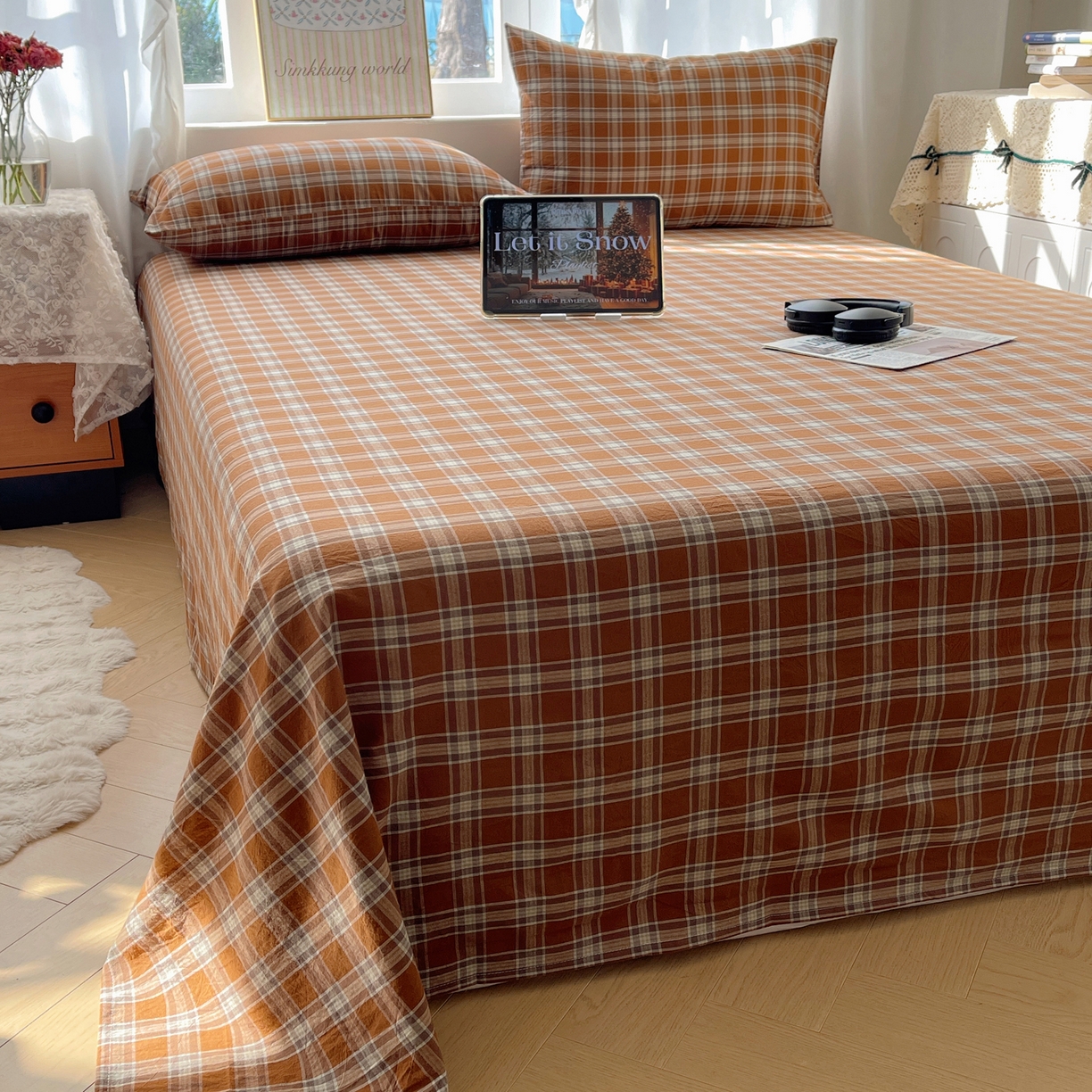 六巷胡同 2026新款A类全棉纯棉水洗棉色织格子单品床单 床单单件 川奈-咖格