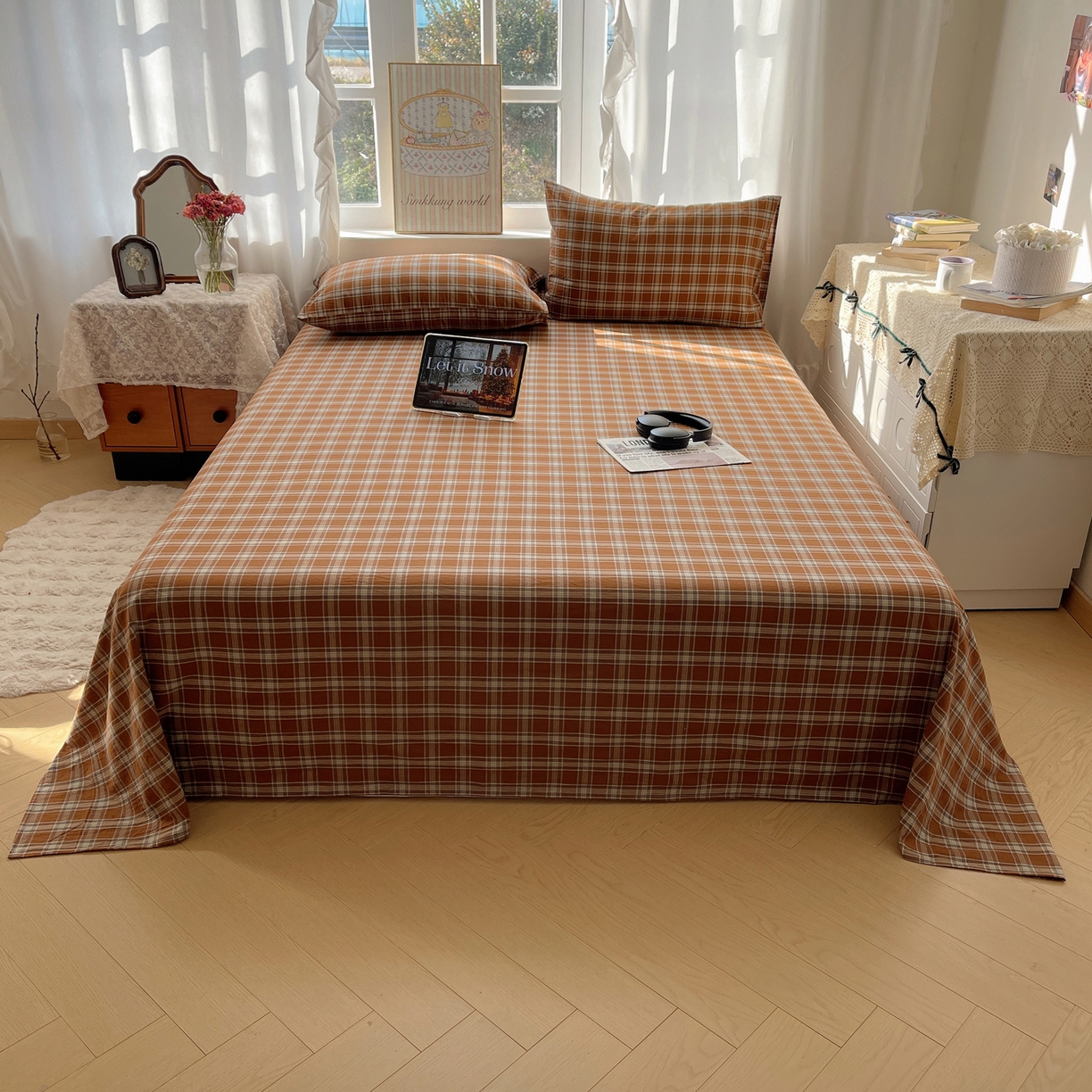 91家纺网 家纺一手货源 找家纺 六巷胡同 2026新款A类全棉纯棉水洗棉色织格子单品床单 床单单件 川奈-咖格