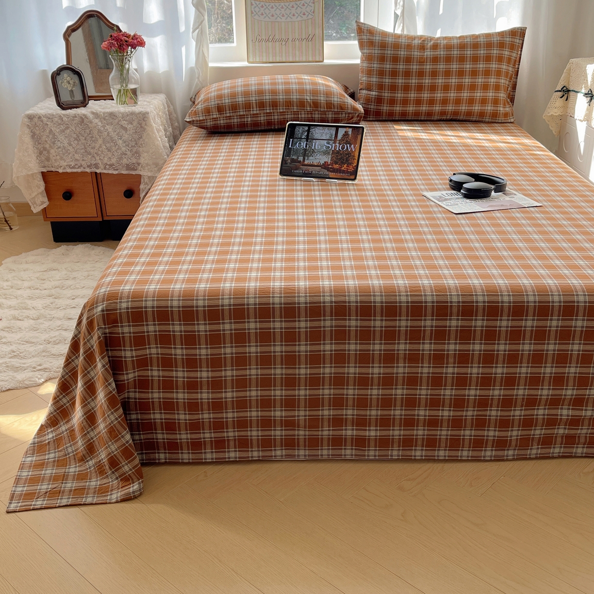 91家纺网 家纺一手货源 找家纺 六巷胡同 2026新款A类全棉纯棉水洗棉色织格子单品床单 床单单件 川奈-咖格