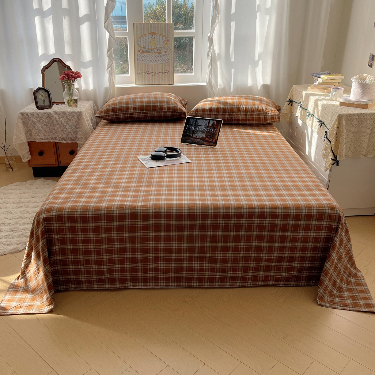 91家纺网 家纺一手货源 找家纺 六巷胡同 2026新款A类全棉纯棉水洗棉色织格子单品床单 床单单件 川奈-咖格