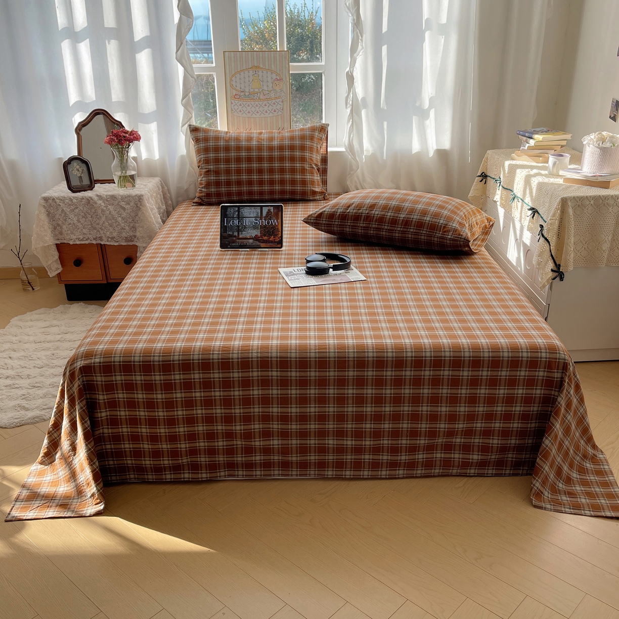 91家纺网 家纺一手货源 找家纺 六巷胡同 2026新款A类全棉纯棉水洗棉色织格子单品床单 床单单件 川奈-咖格