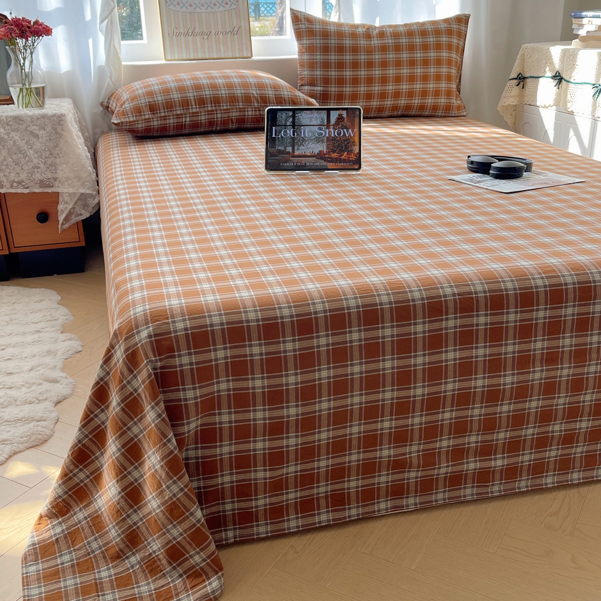 91家纺网 家纺一手货源 找家纺 六巷胡同 2026新款A类全棉纯棉水洗棉色织格子单品床单 床单单件 川奈-咖格