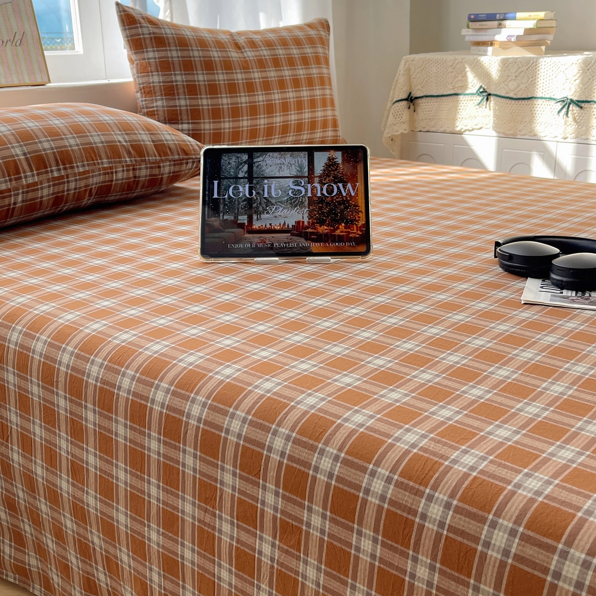 91家纺网 家纺一手货源 找家纺 六巷胡同 2026新款A类全棉纯棉水洗棉色织格子单品床单 床单单件 川奈-咖格