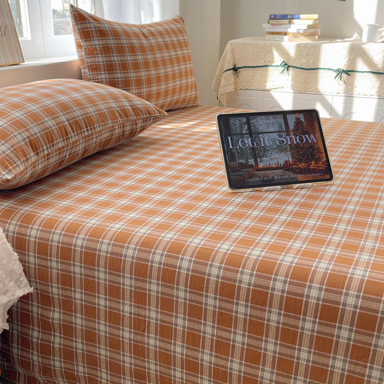 91家纺网 家纺一手货源 找家纺 六巷胡同 2026新款A类全棉纯棉水洗棉色织格子单品床单 床单单件 川奈-咖格