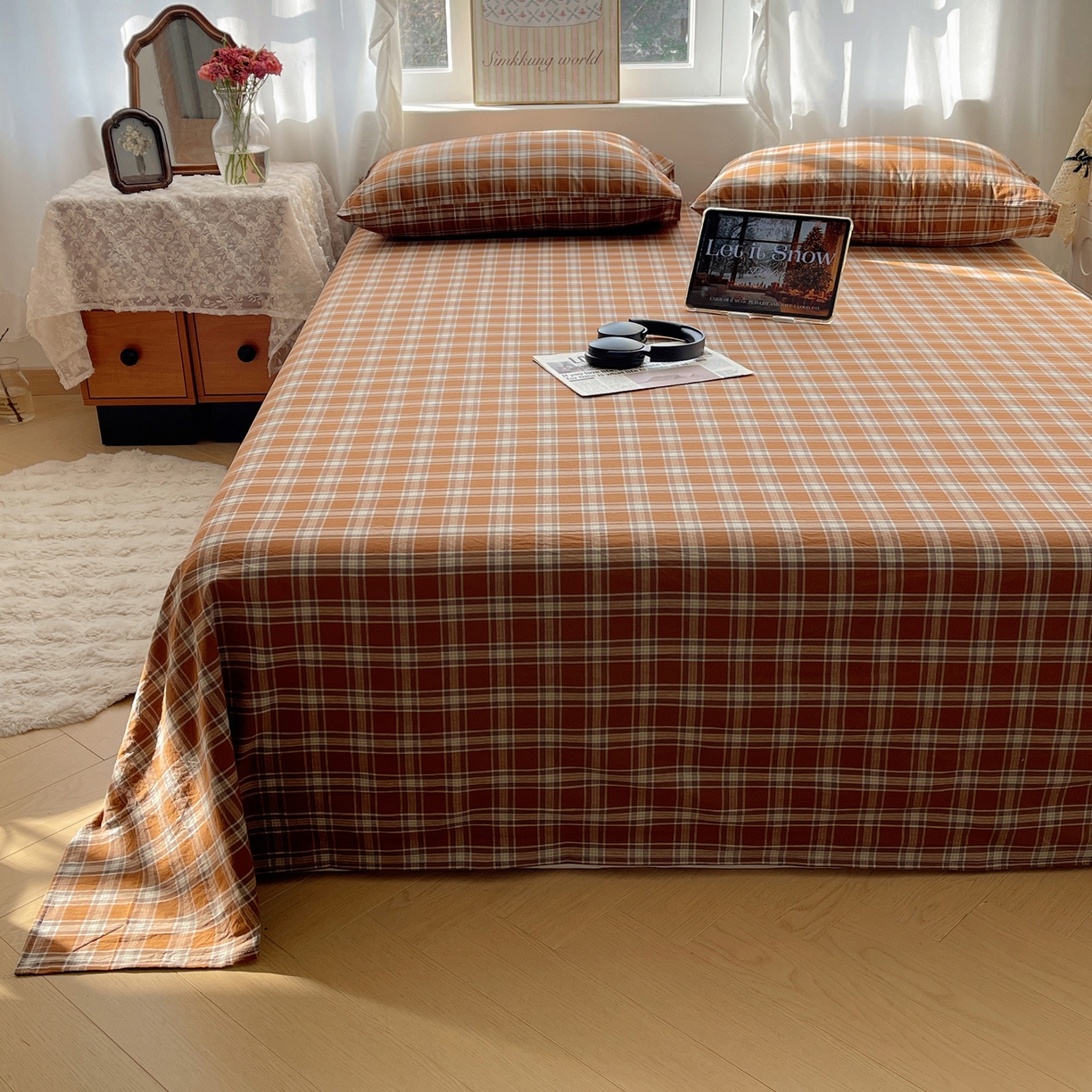 91家纺网 家纺一手货源 找家纺 六巷胡同 2026新款A类全棉纯棉水洗棉色织格子单品床单 床单单件 川奈-咖格