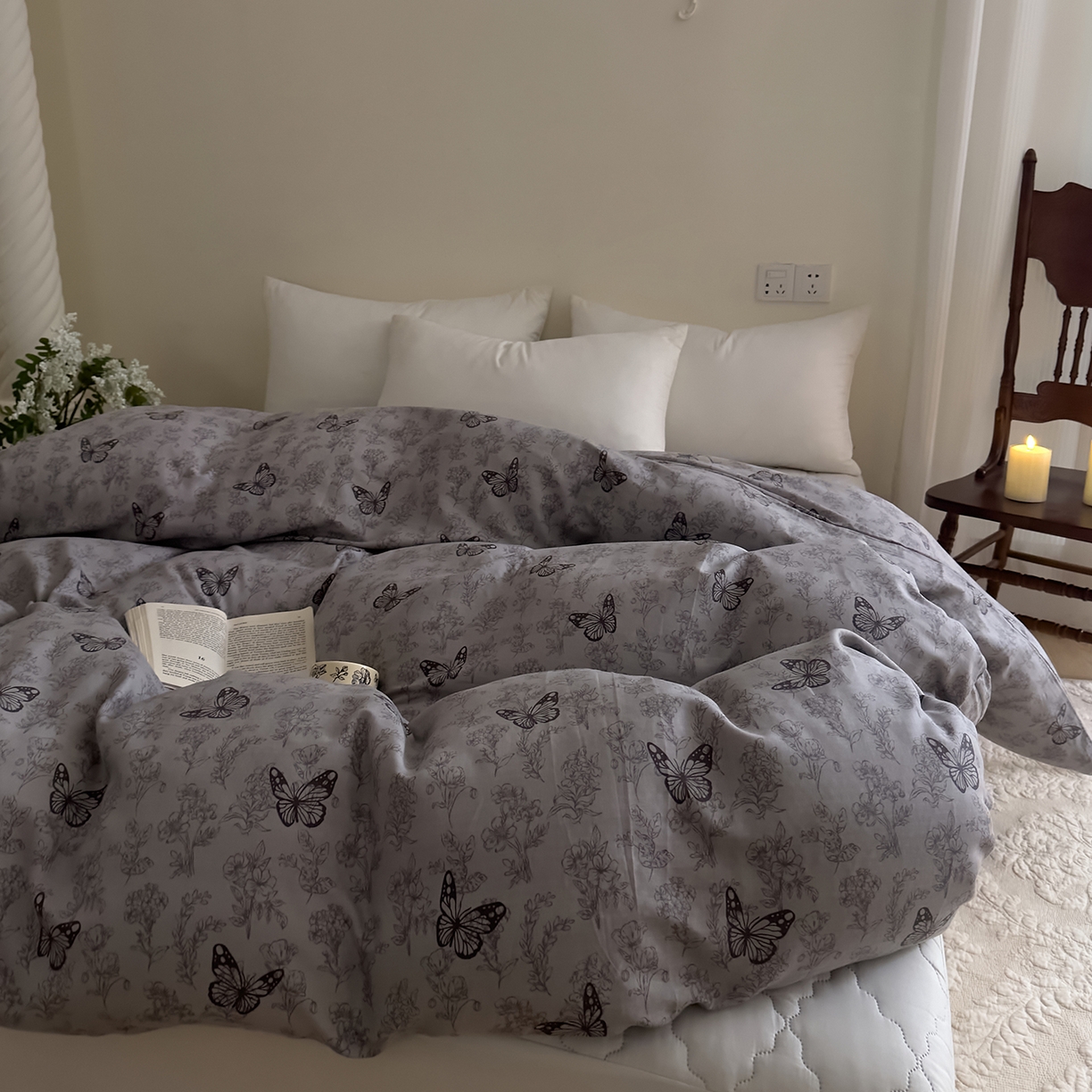 91家纺网 家纺一手货源 找家纺 DoDo 兜兜 2026新款全棉纯棉复古双层纱单品被套系列（可定做尺寸） 墨蝶