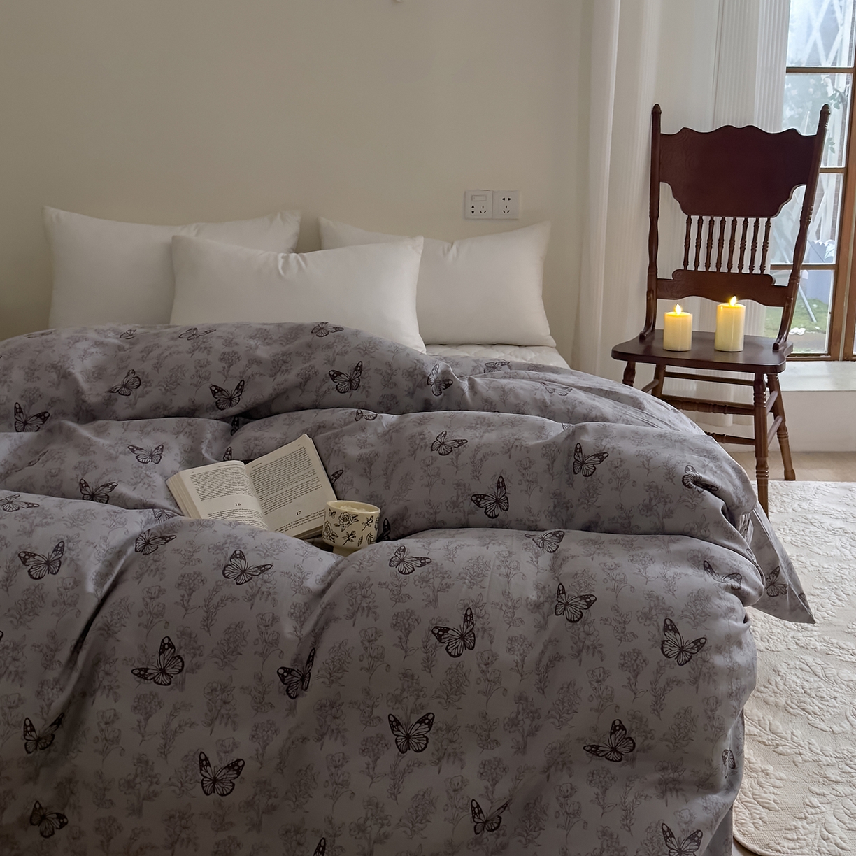 91家纺网 家纺一手货源 找家纺 DoDo 兜兜 2026新款全棉纯棉复古双层纱单品被套系列（可定做尺寸） 墨蝶