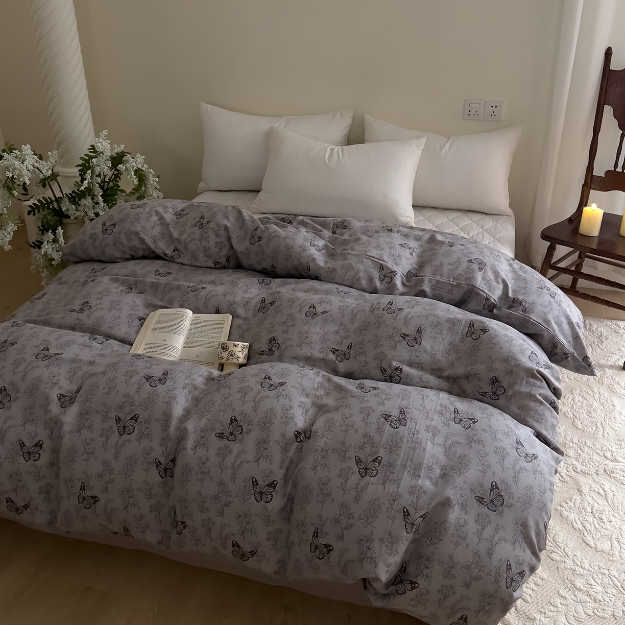 91家纺网 家纺一手货源 找家纺 DoDo 兜兜 2026新款全棉纯棉复古双层纱单品被套系列（可定做尺寸） 墨蝶