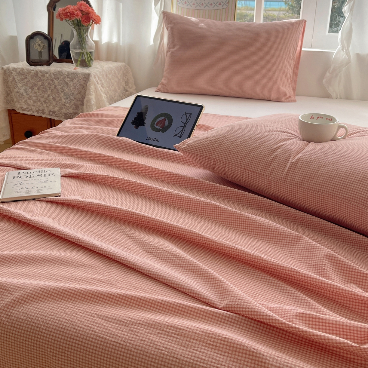 91家纺网 家纺一手货源 找家纺 六巷胡同 2026新款A类全棉纯棉水洗棉色织格子单品床单 床单单件 觅影-粉格