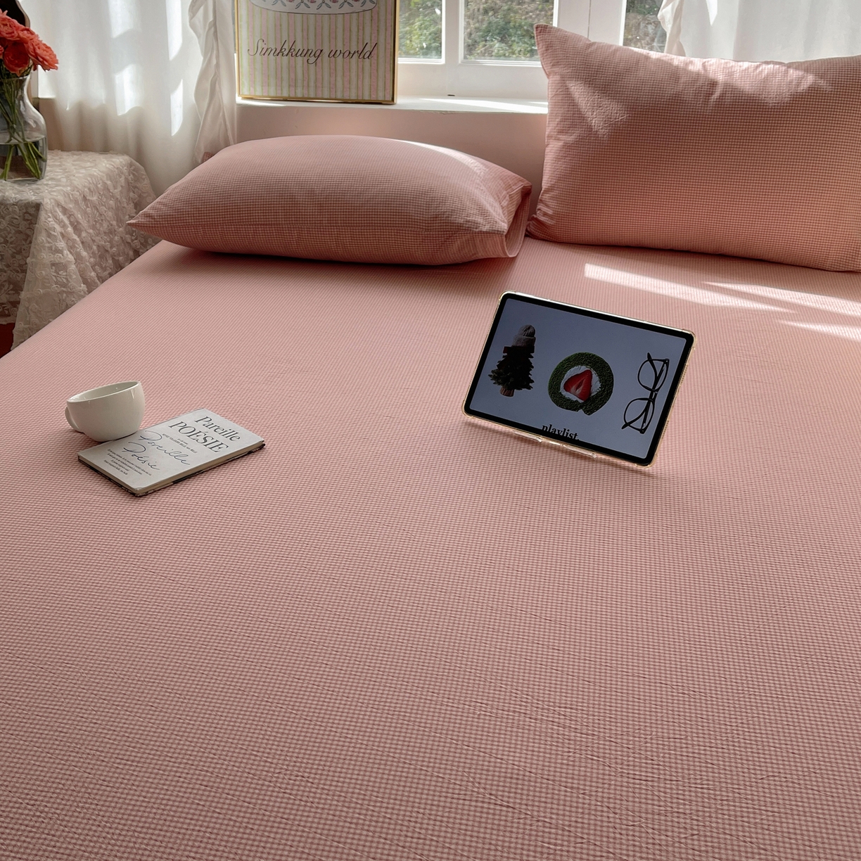 91家纺网 家纺一手货源 找家纺 六巷胡同 2026新款A类全棉纯棉水洗棉色织格子单品床单 床单单件 觅影-粉格