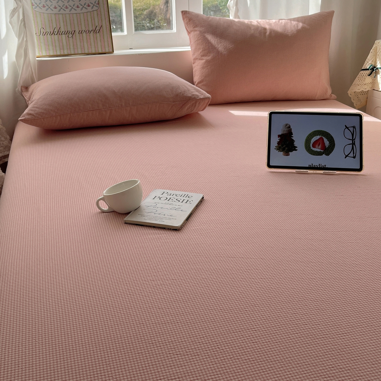 91家纺网 家纺一手货源 找家纺 六巷胡同 2026新款A类全棉纯棉水洗棉色织格子单品床单 床单单件 觅影-粉格