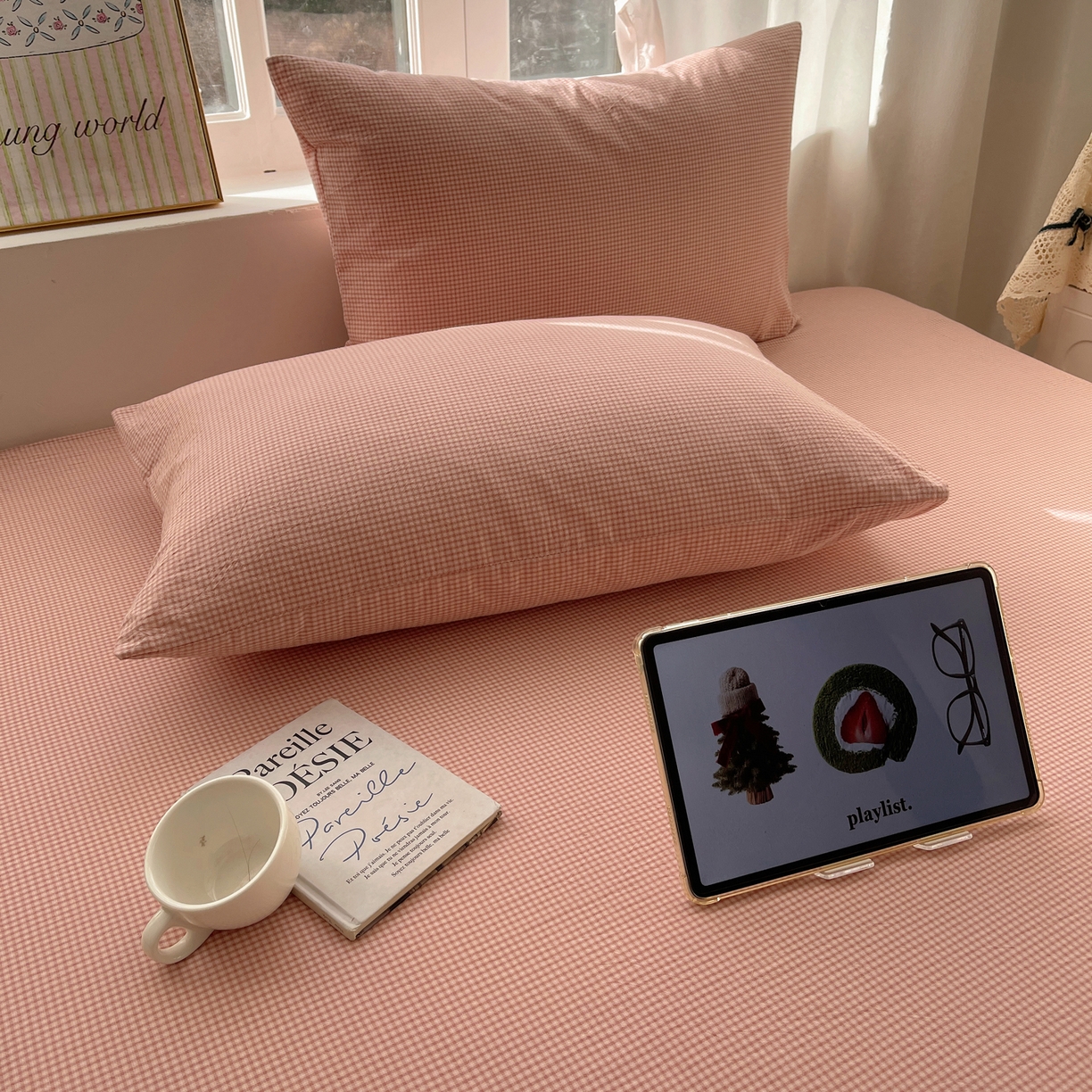 91家纺网 家纺一手货源 找家纺 六巷胡同 2026新款A类全棉纯棉水洗棉色织格子单品床单 床单单件 觅影-粉格