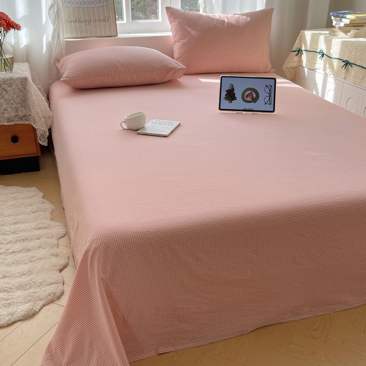 91家纺网 家纺一手货源 找家纺 六巷胡同 2026新款A类全棉纯棉水洗棉色织格子单品床单 床单单件 觅影-粉格