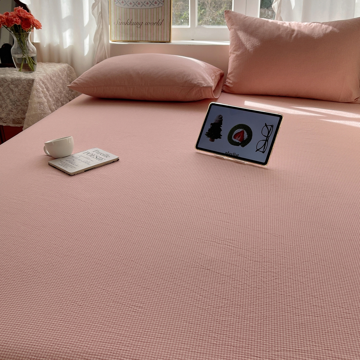 91家纺网 家纺一手货源 找家纺 六巷胡同 2026新款A类全棉纯棉水洗棉色织格子单品床单 床单单件 觅影-粉格