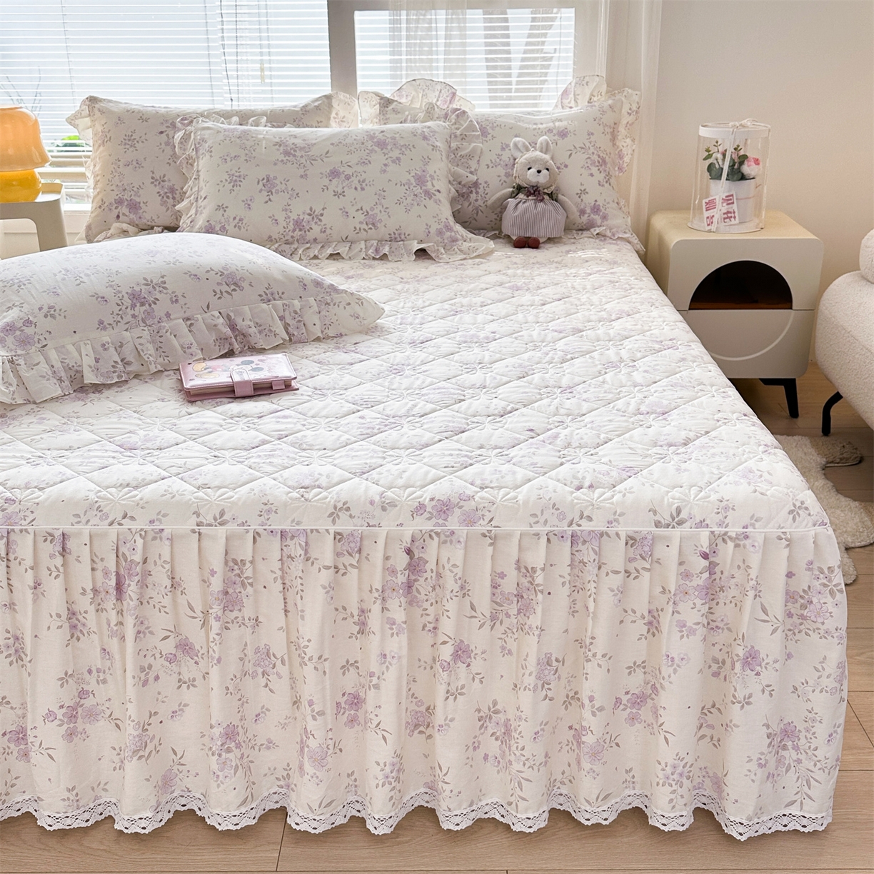 忘忧草 2026春夏新款全棉纯棉夹棉印花床裙床裙单件 苏林-紫