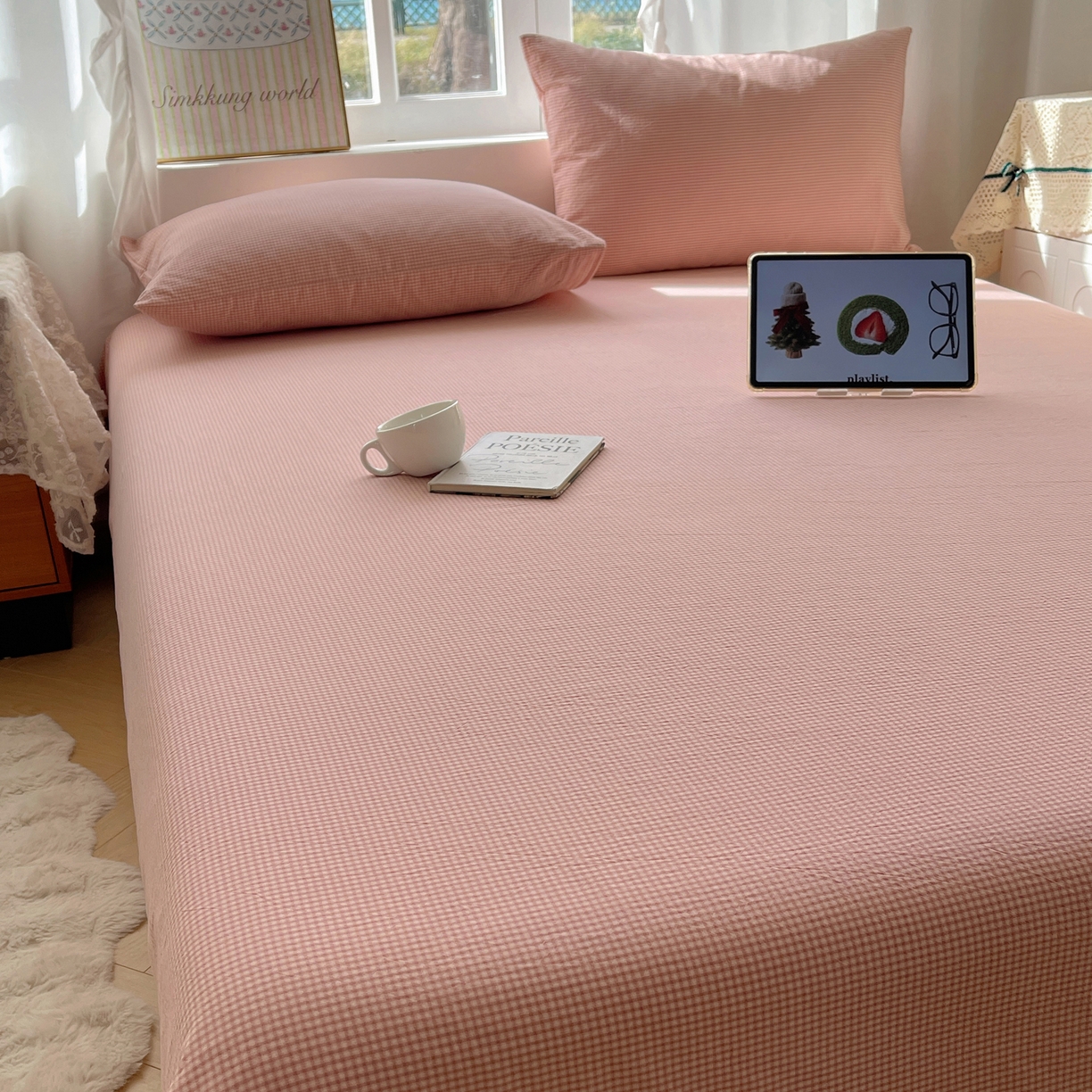 91家纺网 家纺一手货源 找家纺 六巷胡同 2026新款A类全棉纯棉水洗棉色织格子单品床单 床单单件 觅影-粉格