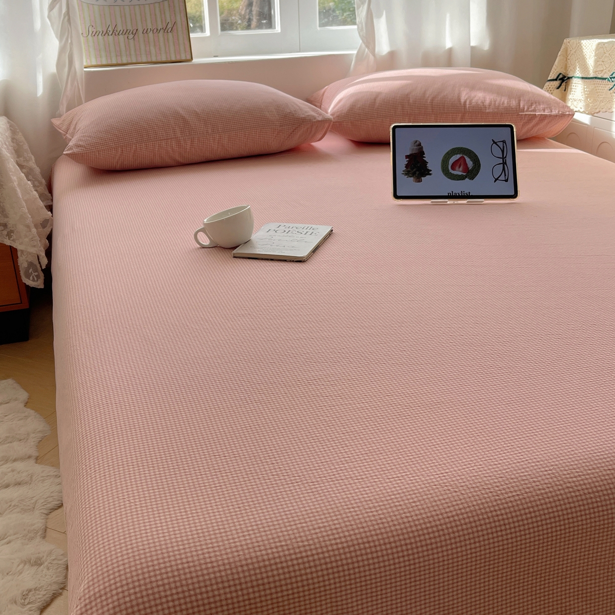 91家纺网 家纺一手货源 找家纺 六巷胡同 2026新款A类全棉纯棉水洗棉色织格子单品床单 床单单件 觅影-粉格