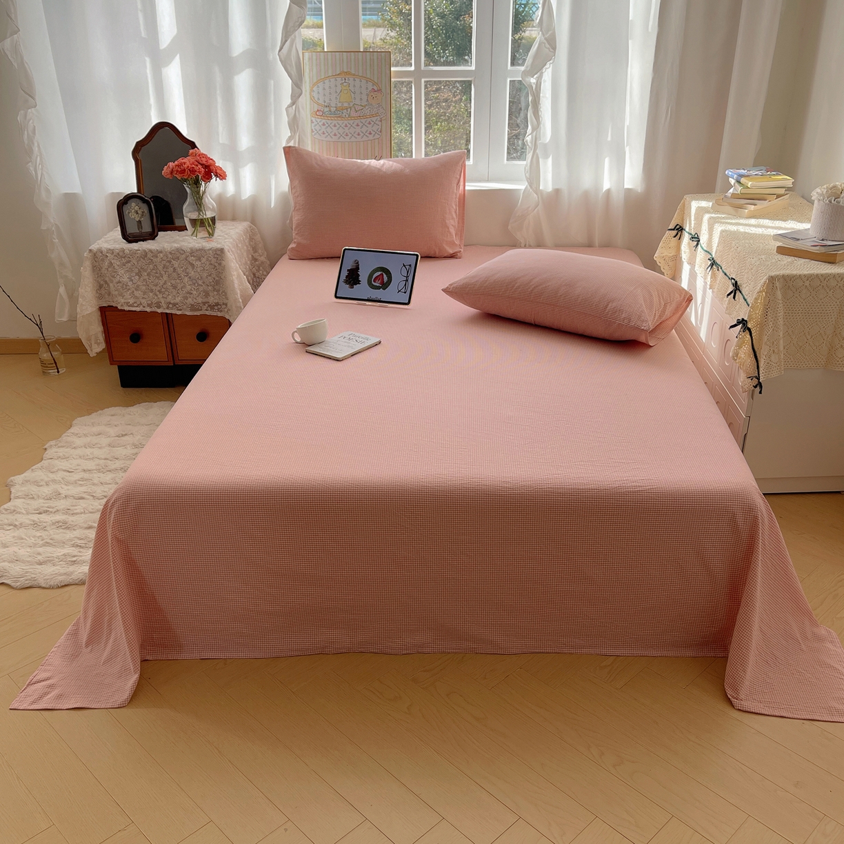 91家纺网 家纺一手货源 找家纺 六巷胡同 2026新款A类全棉纯棉水洗棉色织格子单品床单 床单单件 觅影-粉格