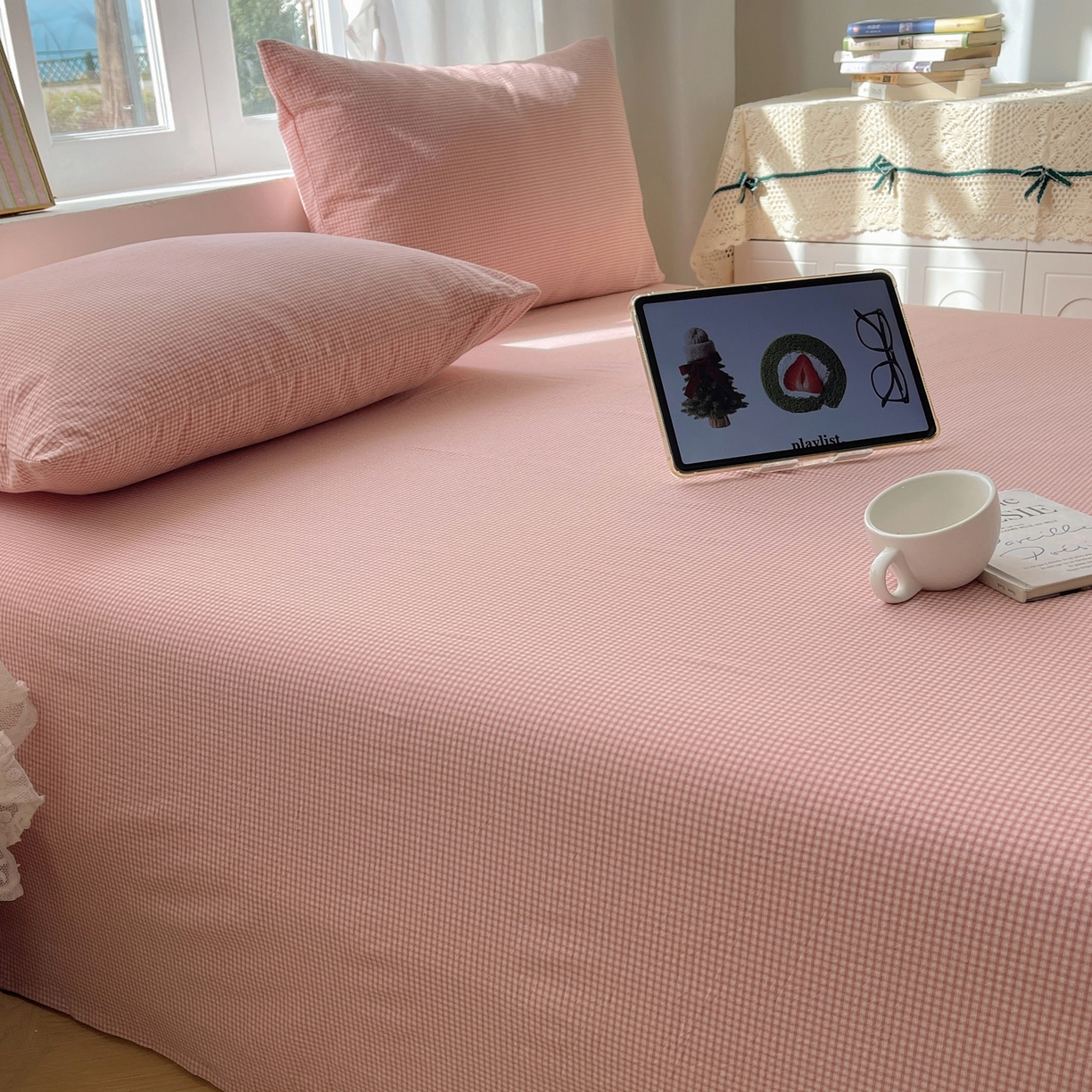 91家纺网 家纺一手货源 找家纺 六巷胡同 2026新款A类全棉纯棉水洗棉色织格子单品床单 床单单件 觅影-粉格