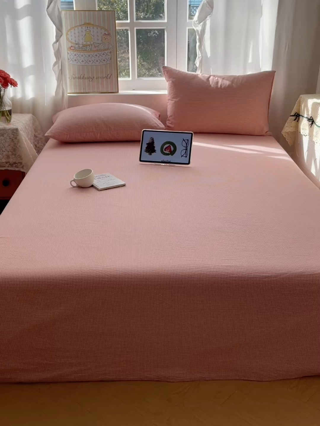 91家纺网 家纺一手货源 找家纺 六巷胡同 2026新款A类全棉纯棉水洗棉色织格子单品床单 床单单件 觅影-粉格