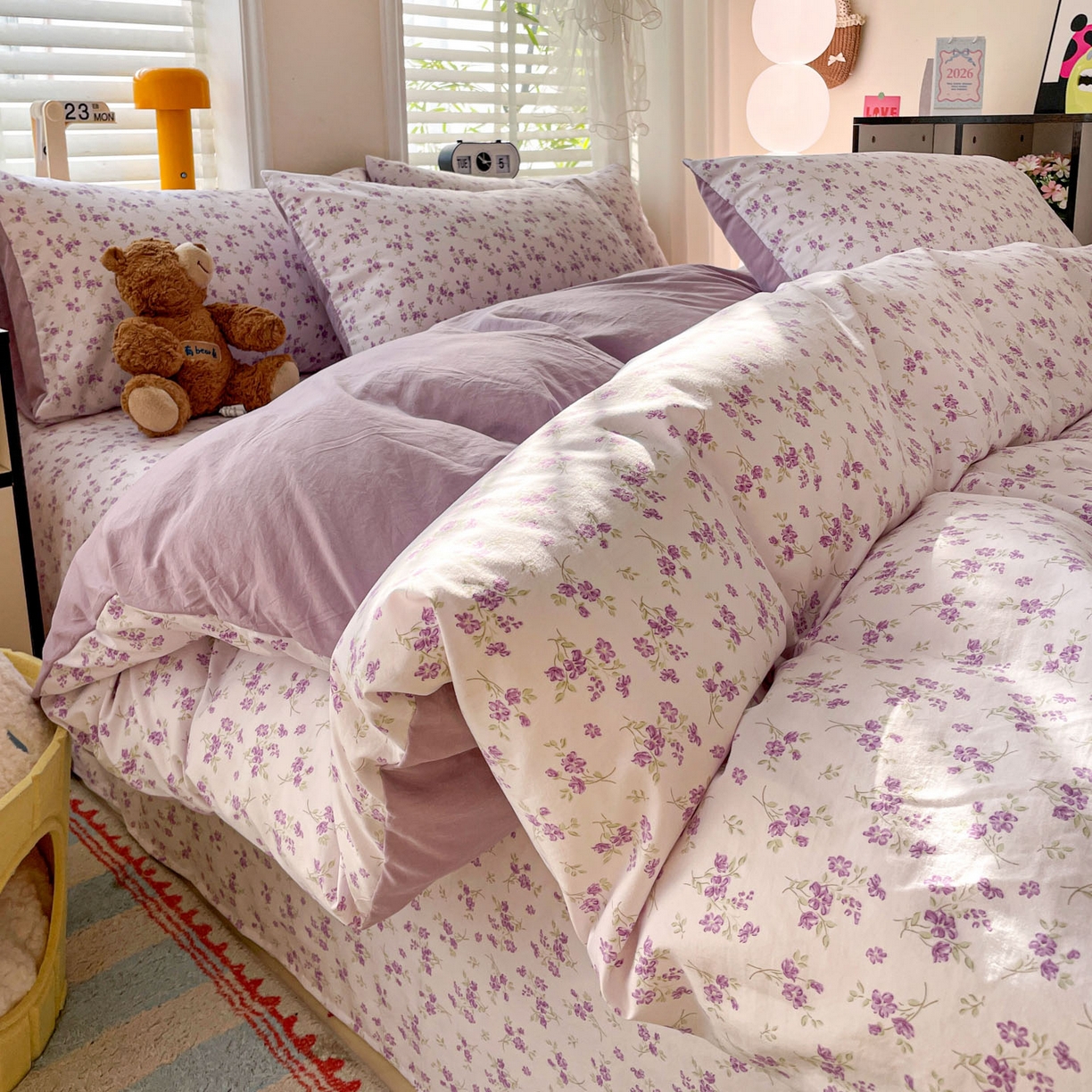 纽缦家纺 2026新款A类105g仿棉四件套古法水洗棉四件套 波影-紫