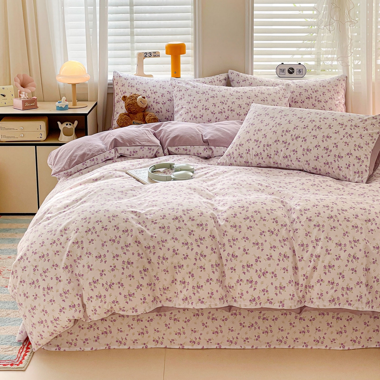 91家纺网 家纺一手货源 找家纺 纽缦家纺 2026新款A类105g仿棉四件套古法水洗棉四件套 波影-紫