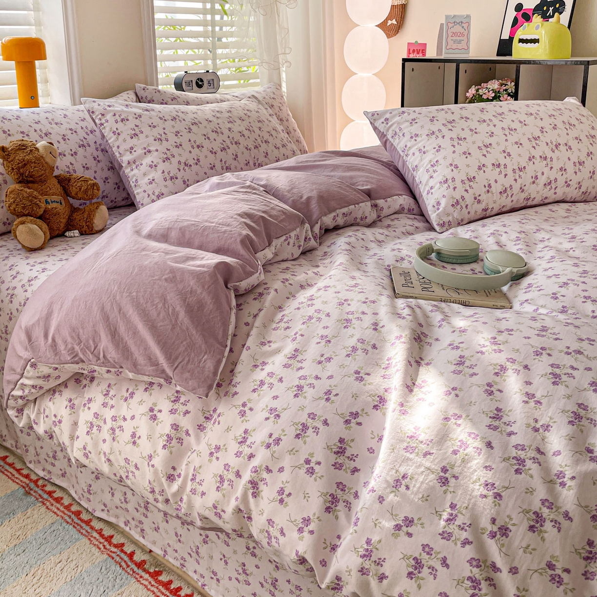 91家纺网 家纺一手货源 找家纺 纽缦家纺 2026新款A类105g仿棉四件套古法水洗棉四件套 波影-紫