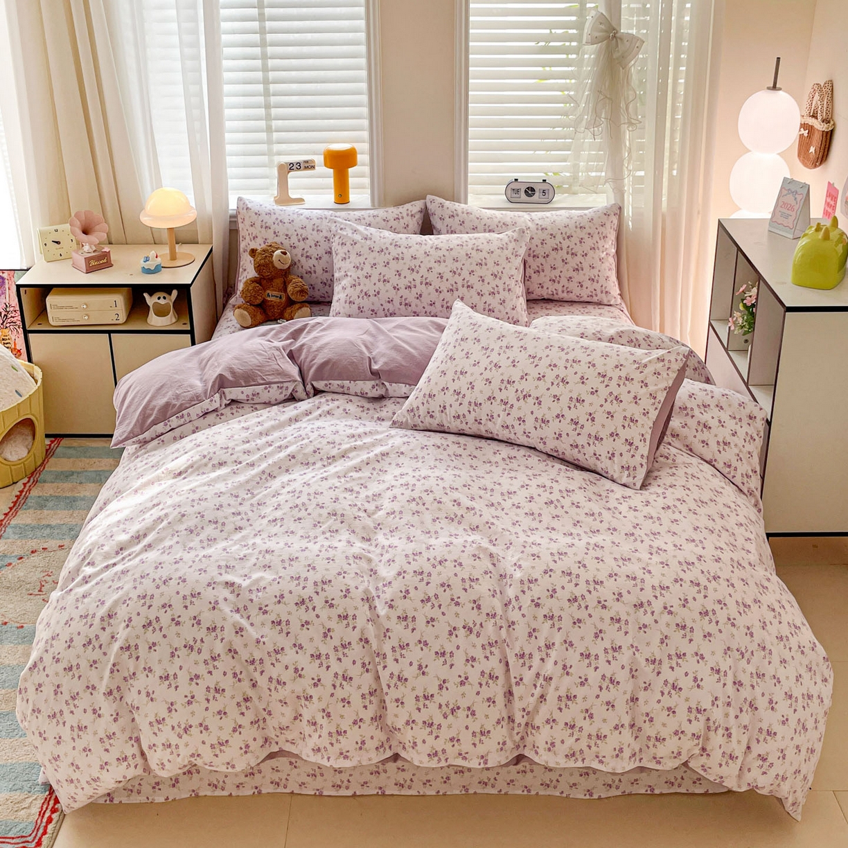 91家纺网 家纺一手货源 找家纺 纽缦家纺 2026新款A类105g仿棉四件套古法水洗棉四件套 波影-紫