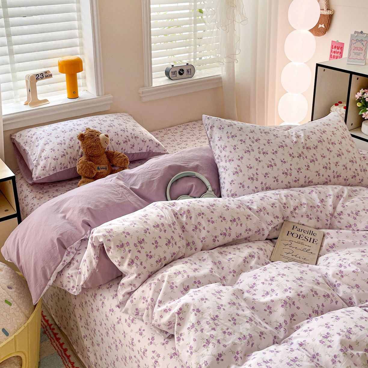 91家纺网 家纺一手货源 找家纺 纽缦家纺 2026新款A类105g仿棉四件套古法水洗棉四件套 波影-紫