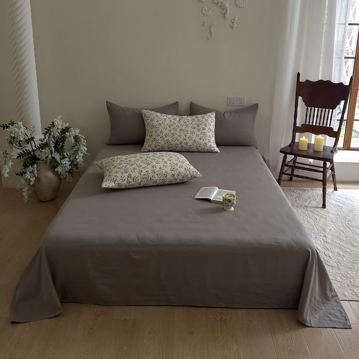 91家纺网 家纺一手货源 找家纺 DoDo 兜兜 2026新款全棉纯棉复古双层纱四件套系列（可定做尺寸） 叶语-灰