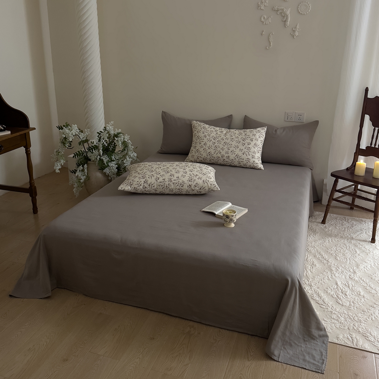 91家纺网 家纺一手货源 找家纺 DoDo 兜兜 2026新款全棉纯棉复古双层纱四件套系列（可定做尺寸） 叶语-灰