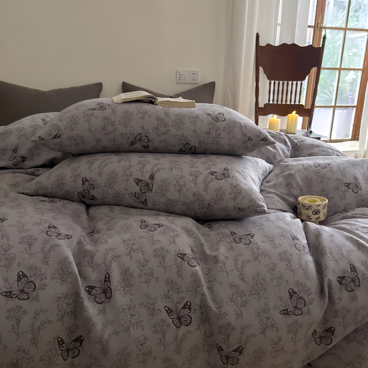 91家纺网 家纺一手货源 找家纺 DoDo 兜兜 2026新款全棉纯棉复古双层纱四件套系列（可定做尺寸） 墨蝶