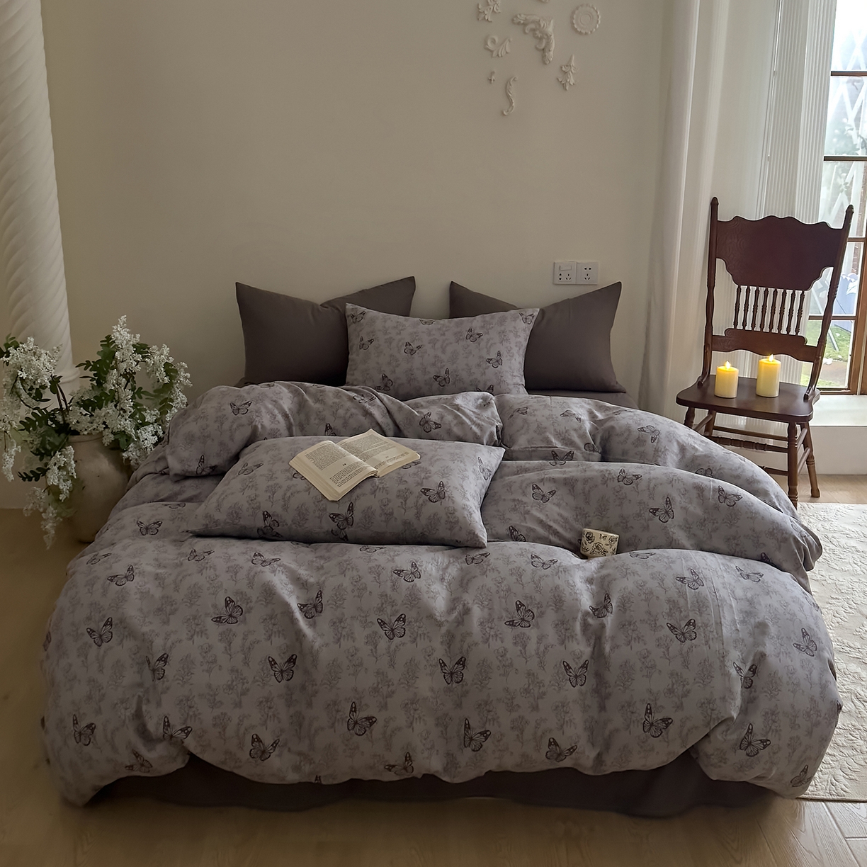 91家纺网 家纺一手货源 找家纺 DoDo 兜兜 2026新款全棉纯棉复古双层纱四件套系列（可定做尺寸） 墨蝶