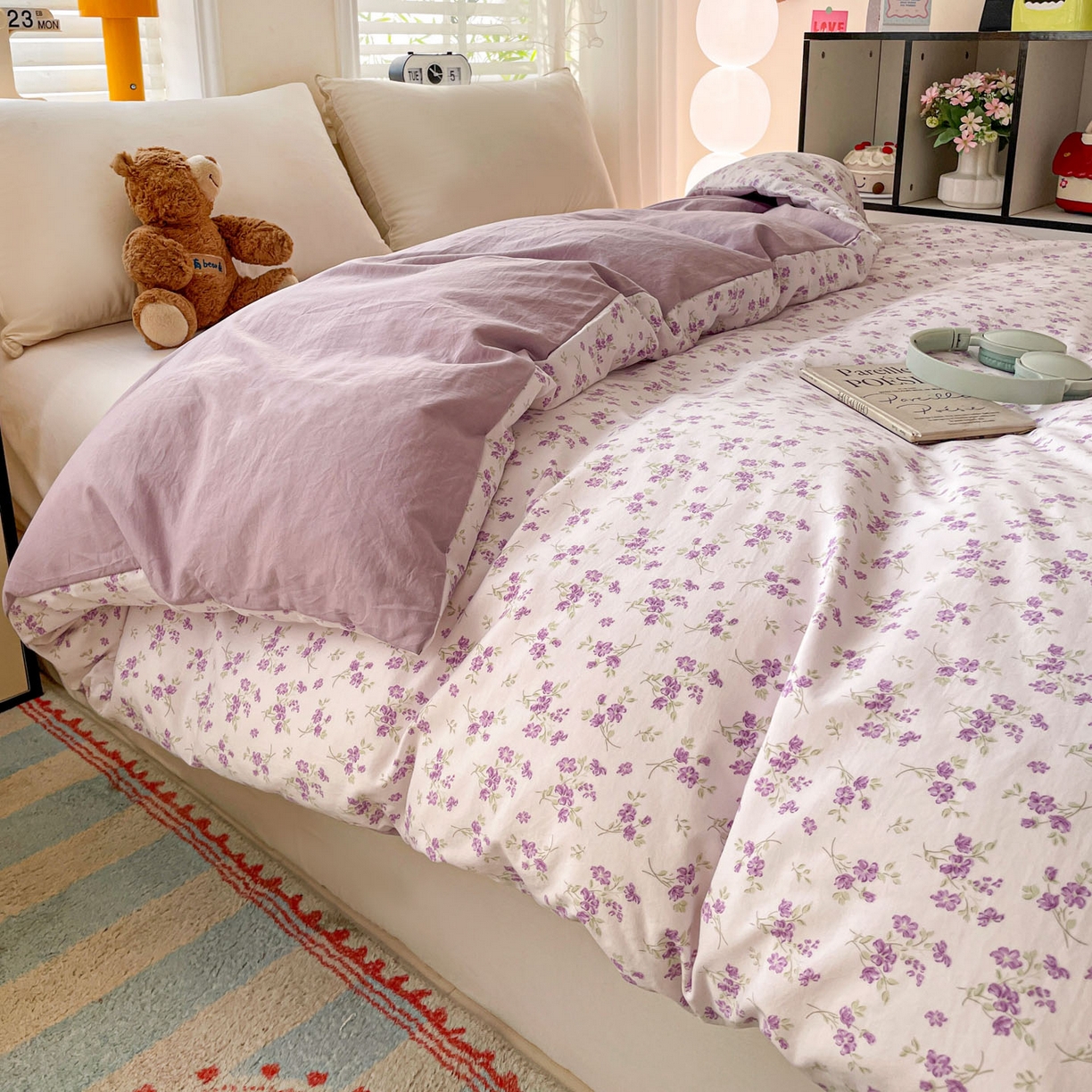 91家纺网 家纺一手货源 找家纺 纽缦家纺 2026新款A类105g仿棉四件套古法水洗棉四件套 波影-紫