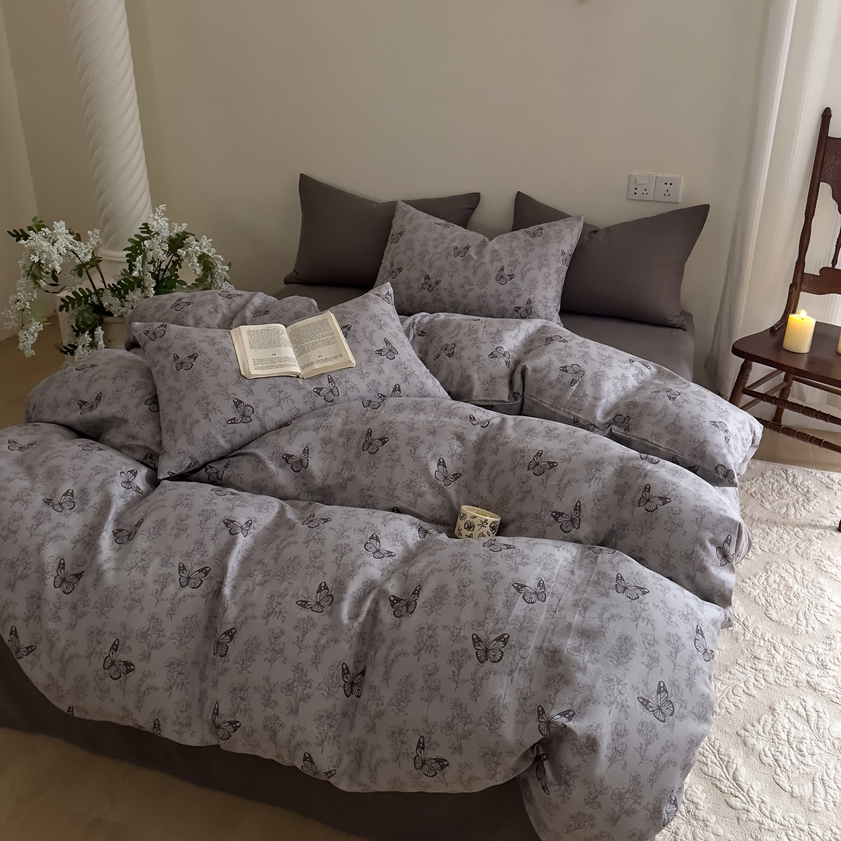 91家纺网 家纺一手货源 找家纺 DoDo 兜兜 2026新款全棉纯棉复古双层纱四件套系列（可定做尺寸） 墨蝶