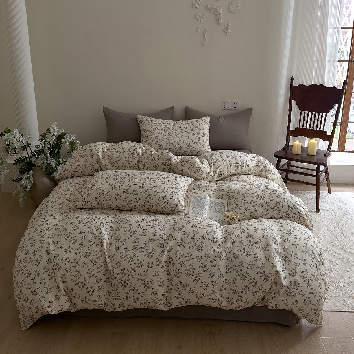 91家纺网 家纺一手货源 找家纺 DoDo 兜兜 2026新款全棉纯棉复古双层纱四件套系列（可定做尺寸） 叶语-灰