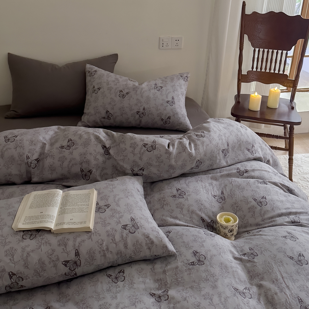 91家纺网 家纺一手货源 找家纺 DoDo 兜兜 2026新款全棉纯棉复古双层纱四件套系列（可定做尺寸） 墨蝶