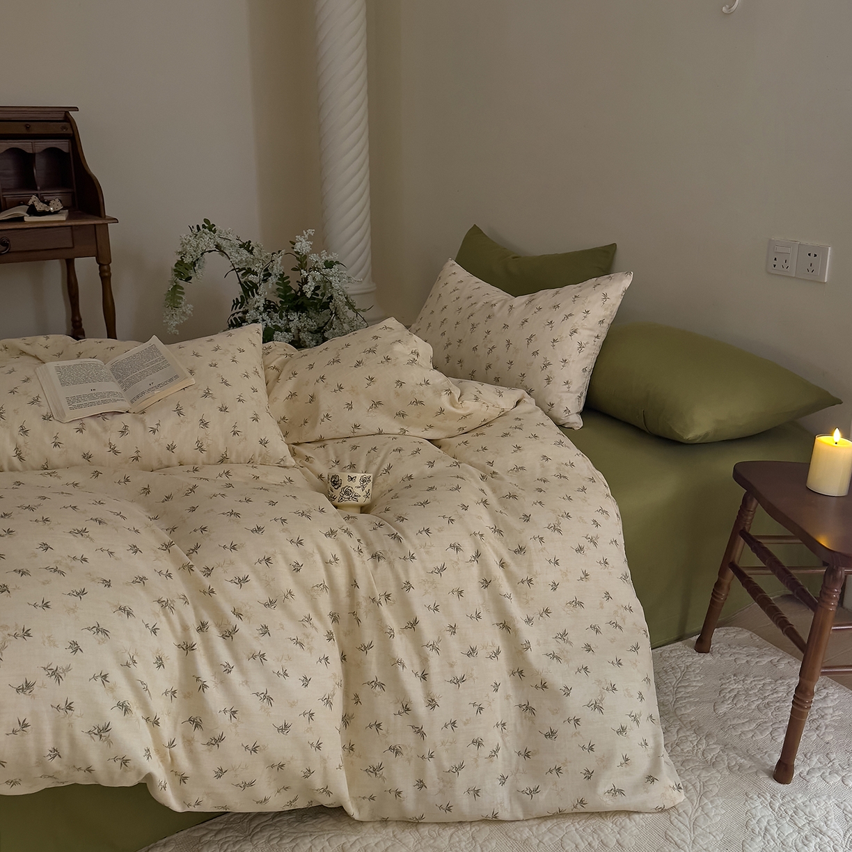 91家纺网 家纺一手货源 找家纺 DoDo 兜兜 2026新款全棉纯棉复古双层纱四件套系列（可定做尺寸） 青竹漫-米