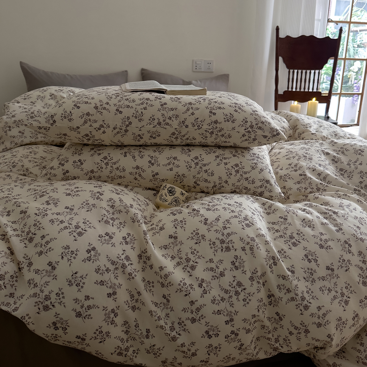 91家纺网 家纺一手货源 找家纺 DoDo 兜兜 2026新款全棉纯棉复古双层纱四件套系列（可定做尺寸） 叶语-灰