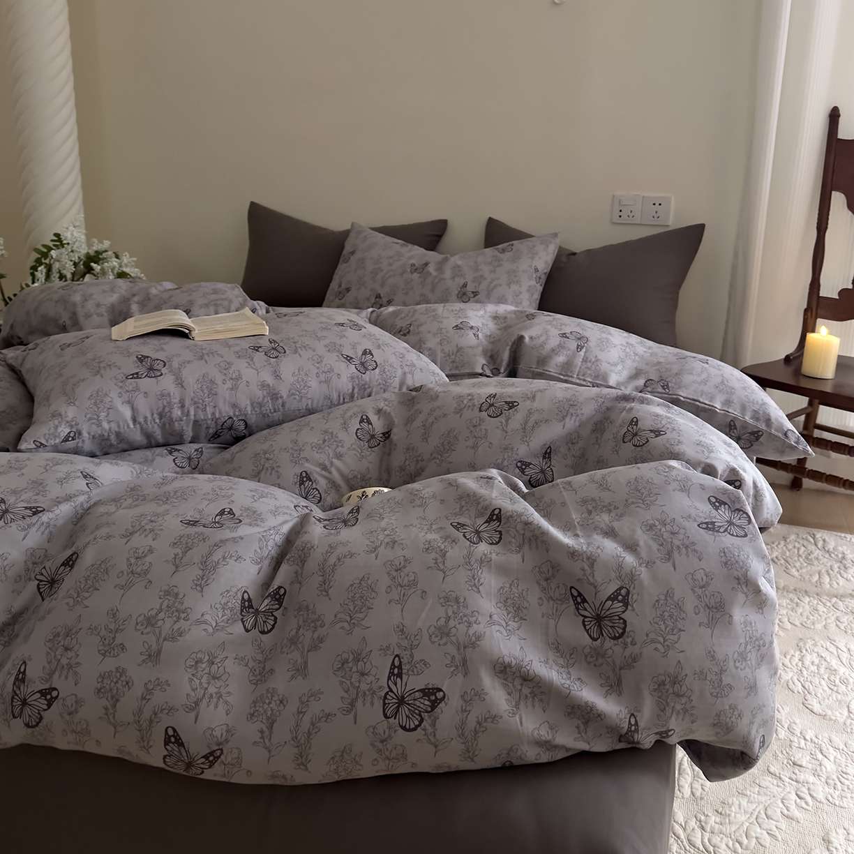 91家纺网 家纺一手货源 找家纺 DoDo 兜兜 2026新款全棉纯棉复古双层纱四件套系列（可定做尺寸） 墨蝶