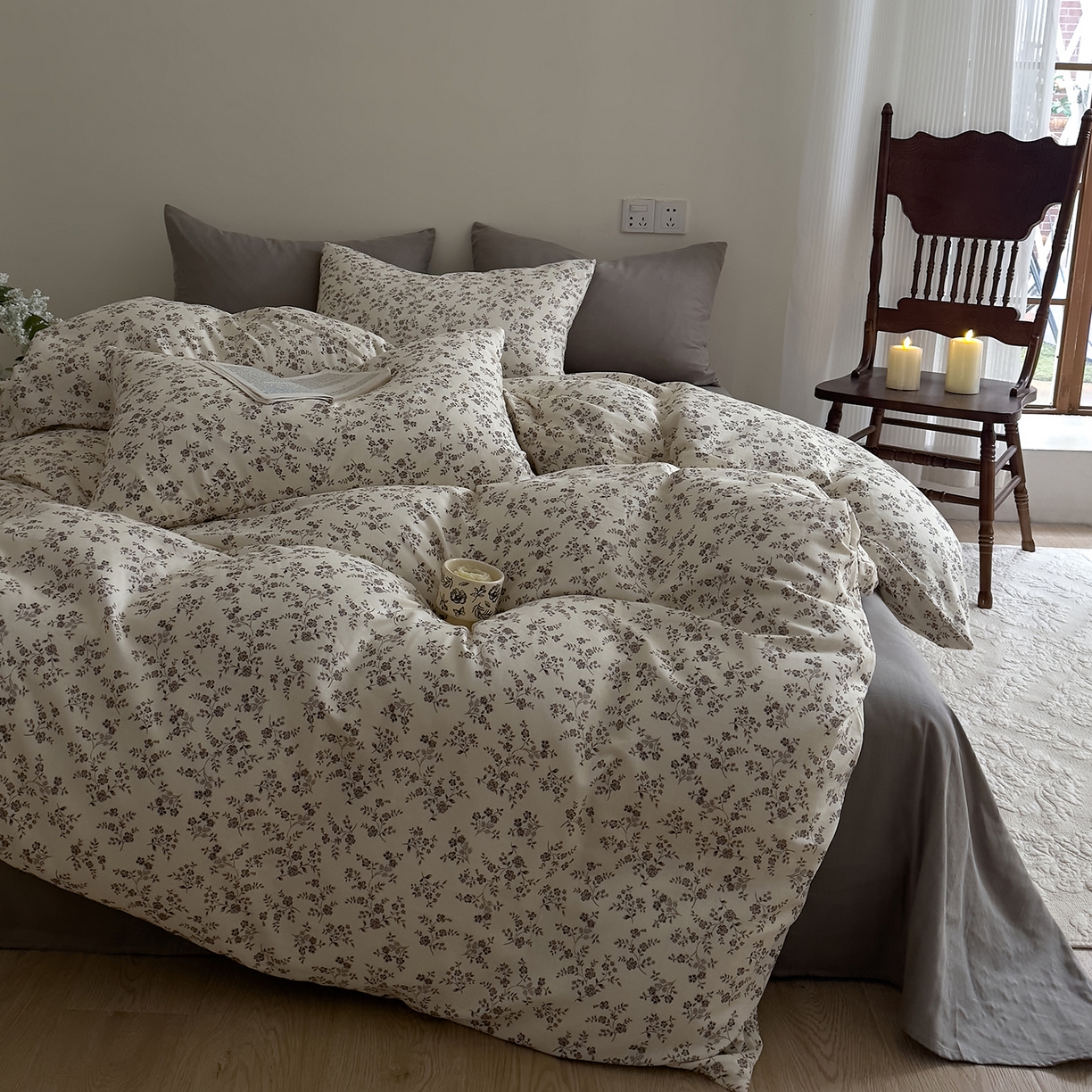 91家纺网 家纺一手货源 找家纺 DoDo 兜兜 2026新款全棉纯棉复古双层纱四件套系列（可定做尺寸） 叶语-灰