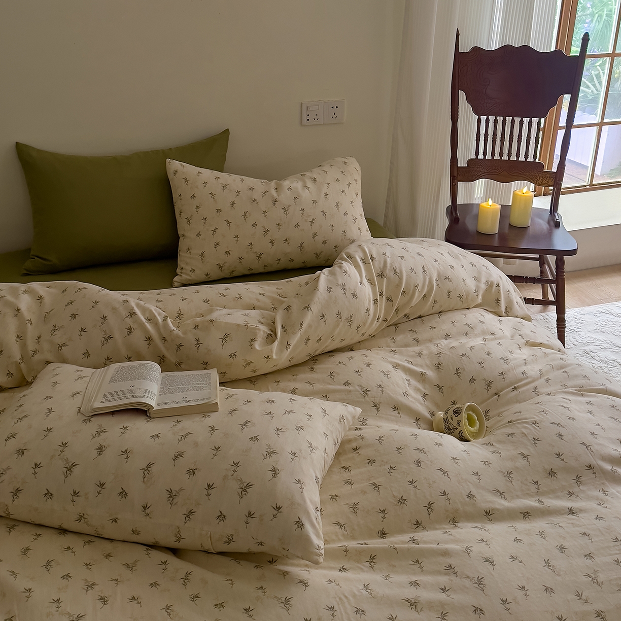 91家纺网 家纺一手货源 找家纺 DoDo 兜兜 2026新款全棉纯棉复古双层纱四件套系列（可定做尺寸） 青竹漫-米