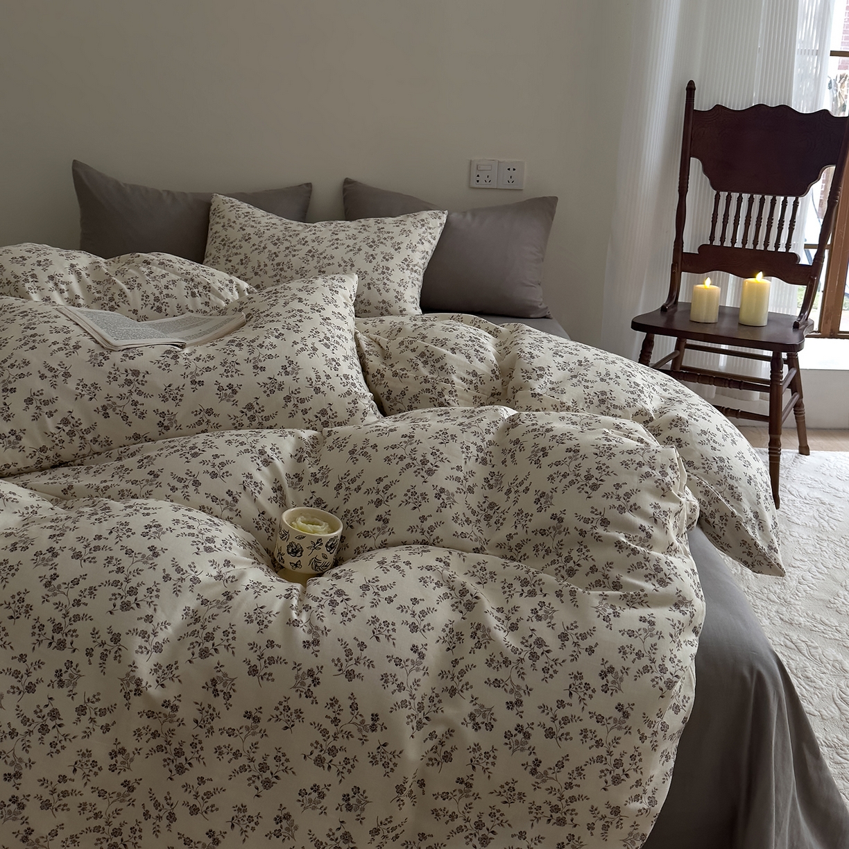 91家纺网 家纺一手货源 找家纺 DoDo 兜兜 2026新款全棉纯棉复古双层纱四件套系列（可定做尺寸） 叶语-灰