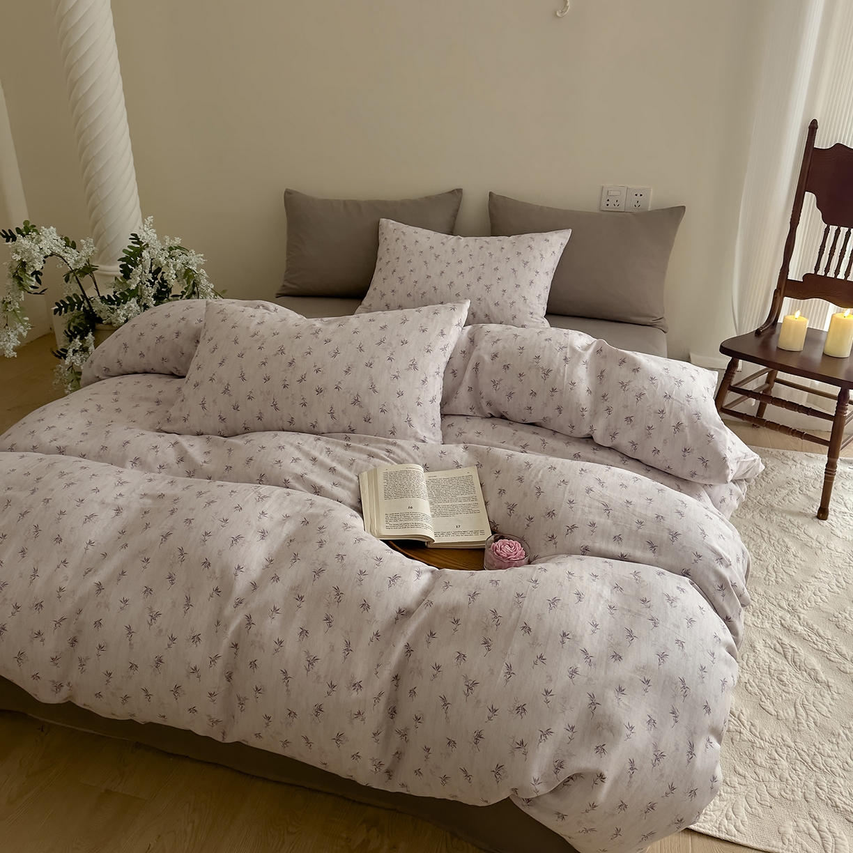 91家纺网 家纺一手货源 找家纺 DoDo 兜兜 2026新款全棉纯棉复古双层纱四件套系列（可定做尺寸） 青竹漫-灰