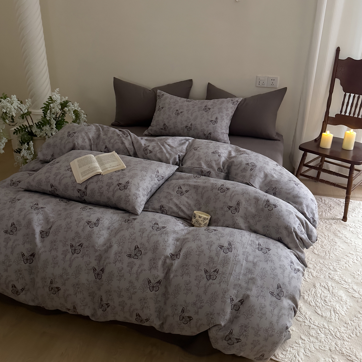 91家纺网 家纺一手货源 找家纺 DoDo 兜兜 2026新款全棉纯棉复古双层纱四件套系列（可定做尺寸） 墨蝶