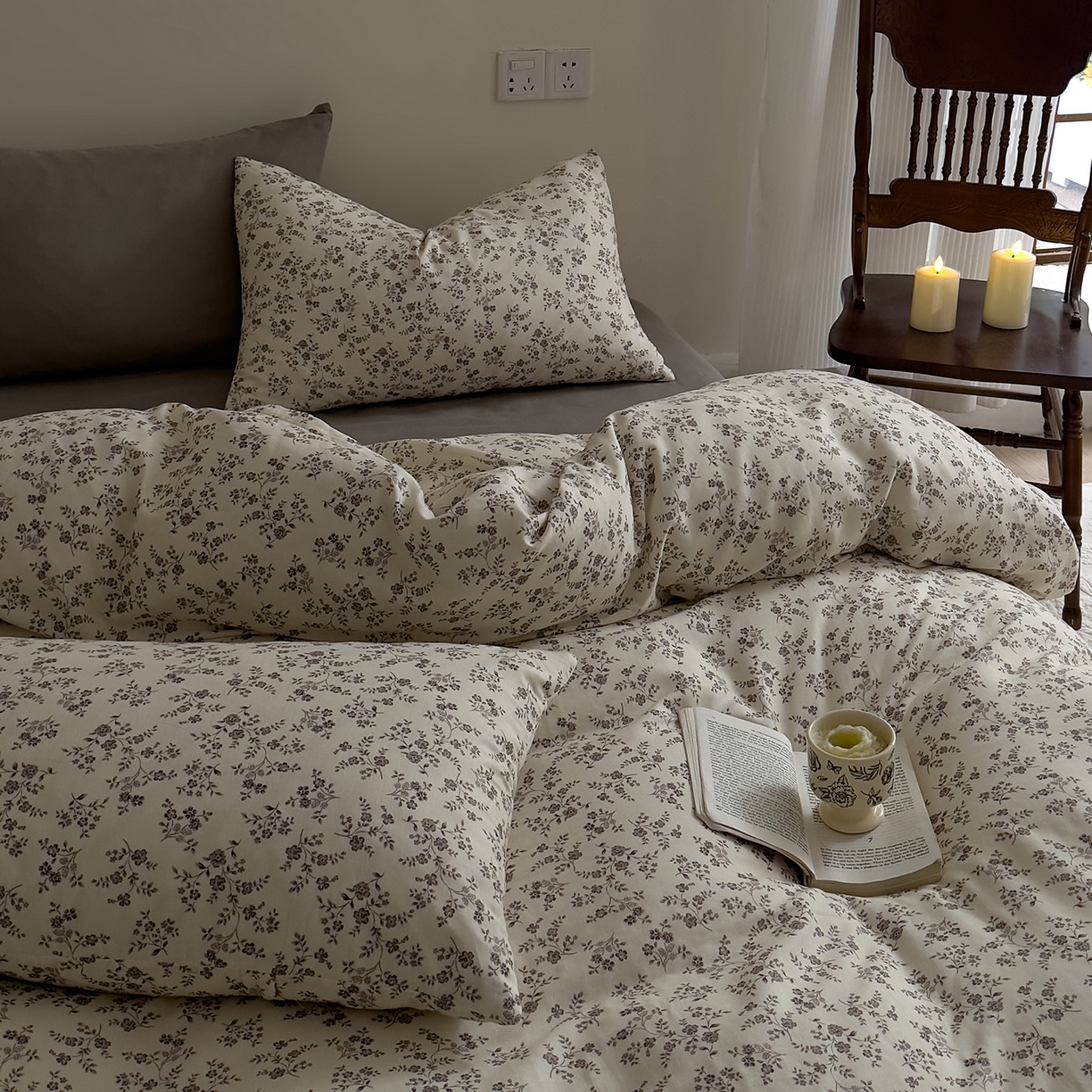 91家纺网 家纺一手货源 找家纺 DoDo 兜兜 2026新款全棉纯棉复古双层纱四件套系列（可定做尺寸） 叶语-灰