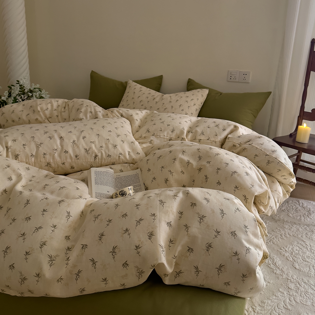 91家纺网 家纺一手货源 找家纺 DoDo 兜兜 2026新款全棉纯棉复古双层纱四件套系列（可定做尺寸） 青竹漫-米