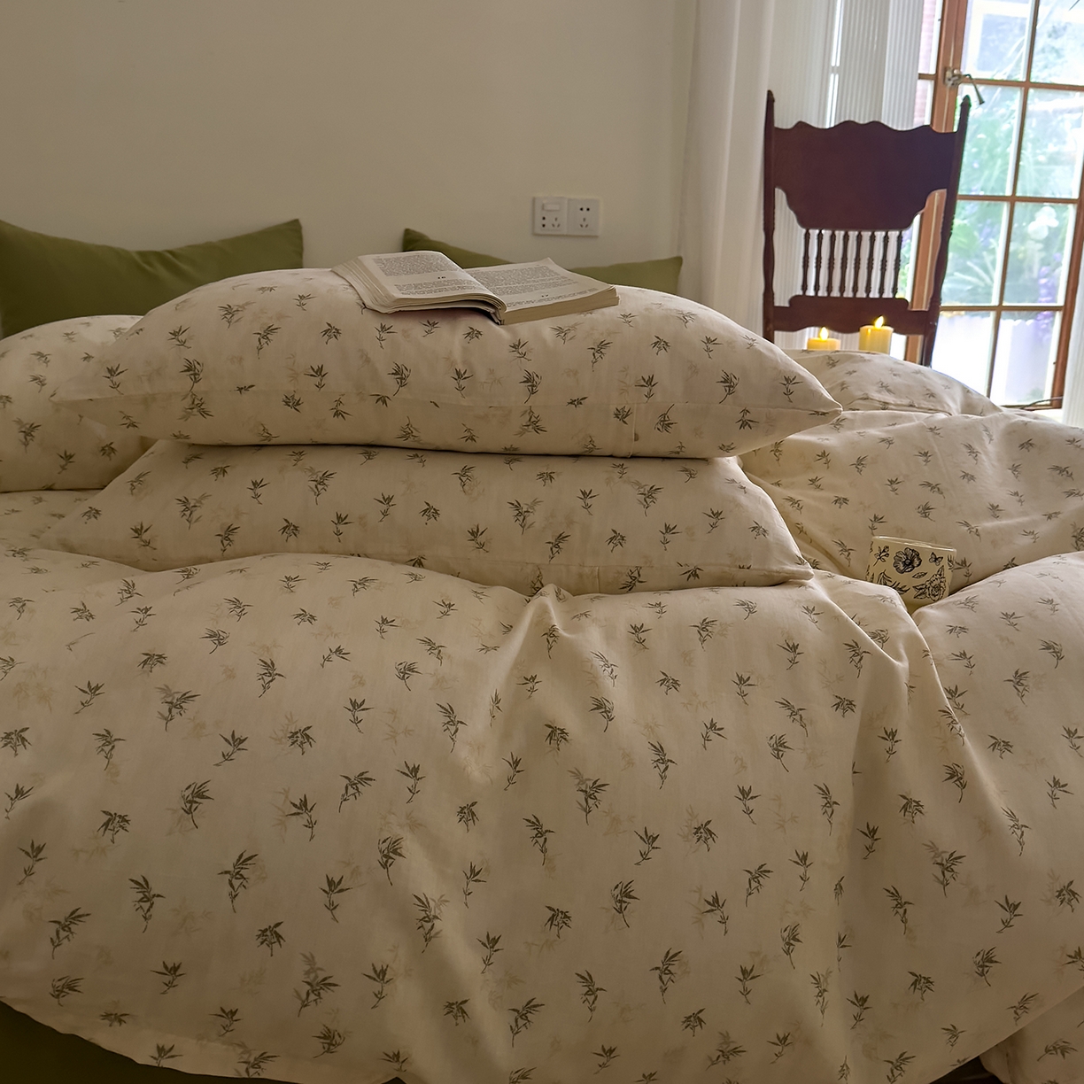 91家纺网 家纺一手货源 找家纺 DoDo 兜兜 2026新款全棉纯棉复古双层纱四件套系列（可定做尺寸） 青竹漫-米