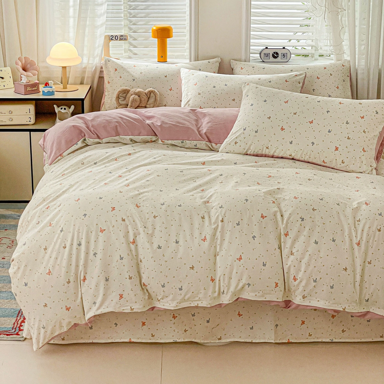 91家纺网 家纺一手货源 找家纺 纽缦家纺 2026新款A类105g仿棉四件套古法水洗棉四件套 彩蝶红