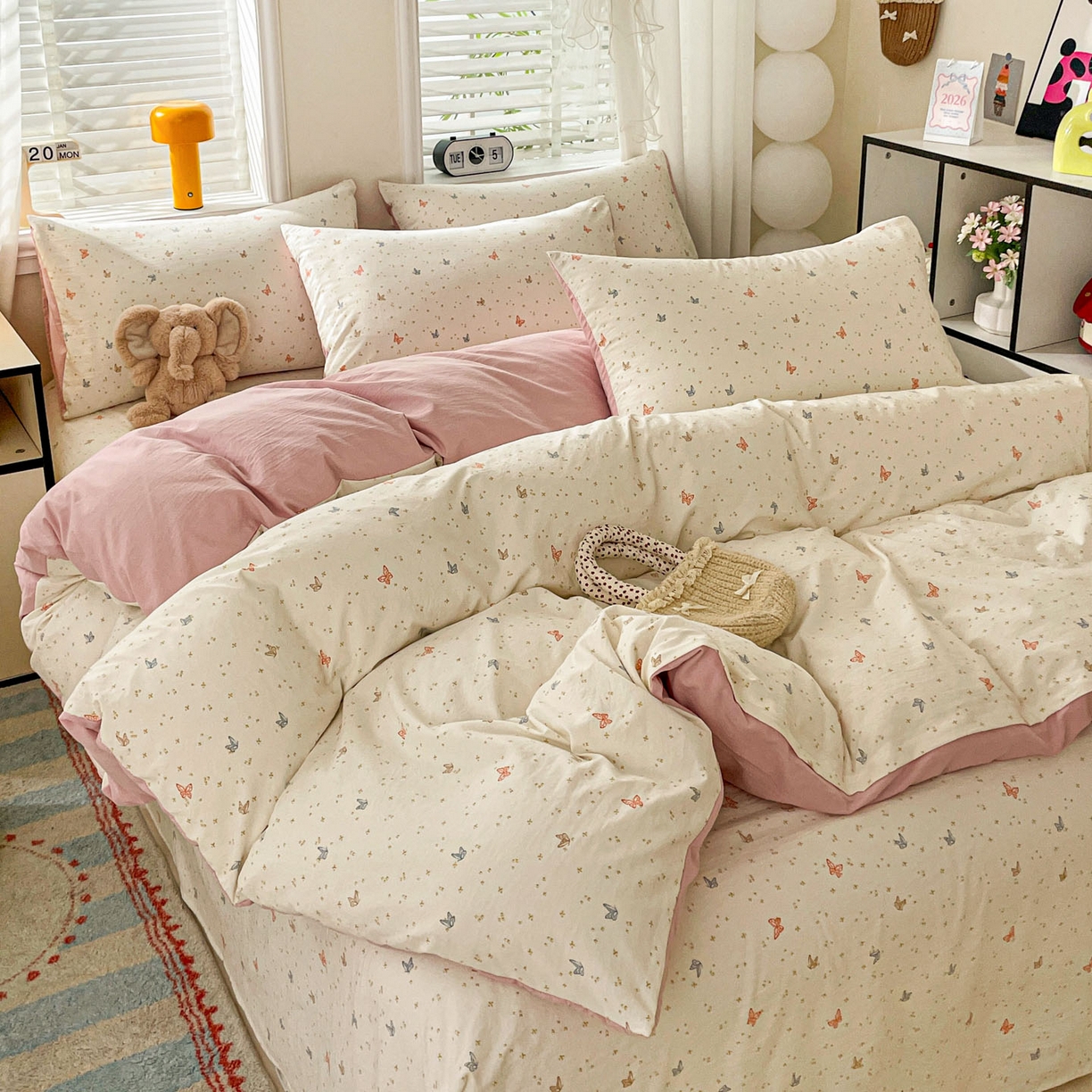 91家纺网 家纺一手货源 找家纺 纽缦家纺 2026新款A类105g仿棉四件套古法水洗棉四件套 彩蝶红